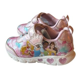 Disney Princess Light Up Sneakers Girls Pink Iridescent Heart Shoes Size 9